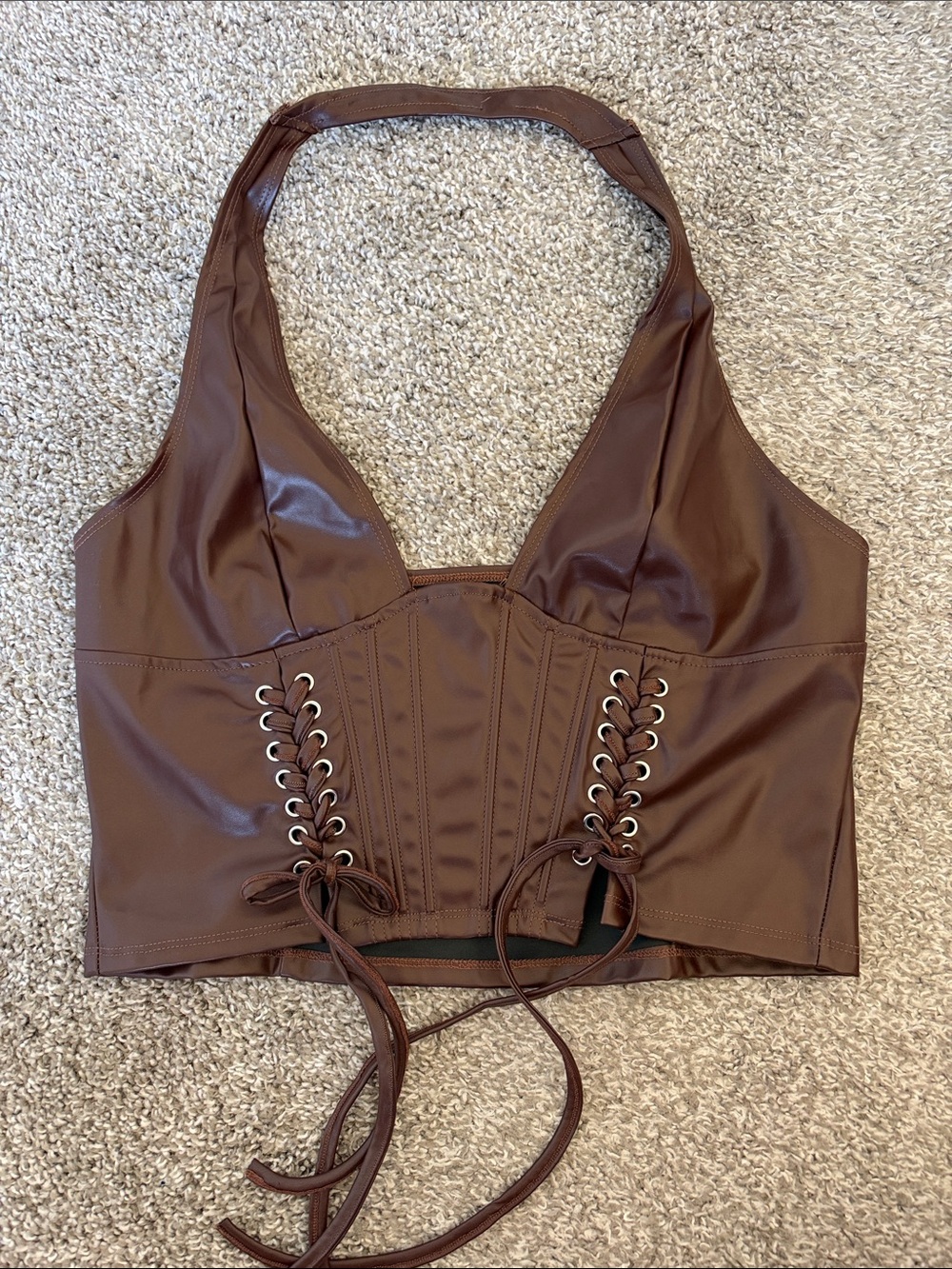 SHEIN Brown Faux Leather Halter Corset Tank